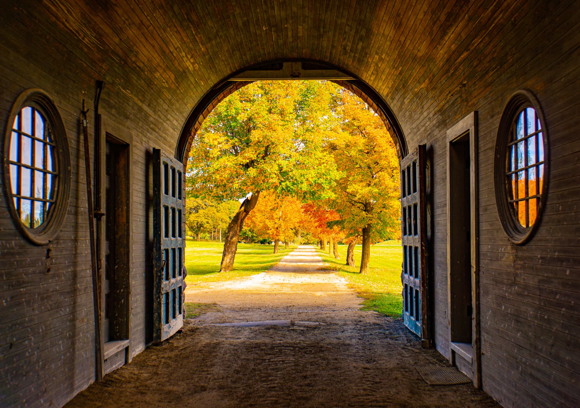 View through historic barn doors at Shelburne Farms