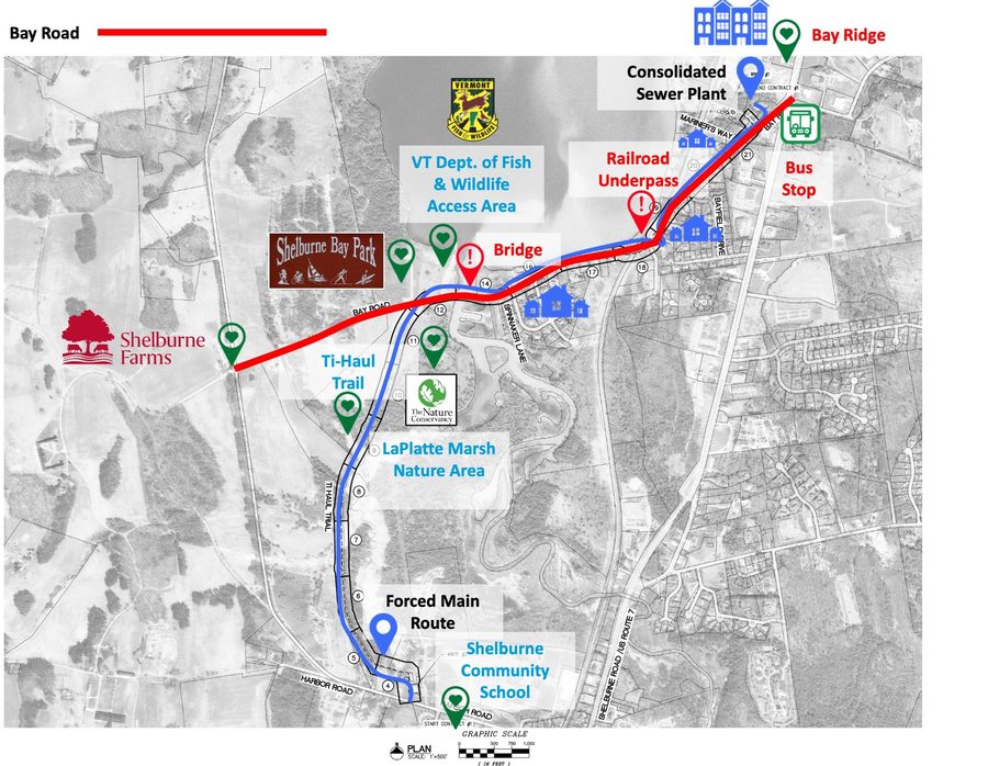 Bay Road corridor map showing the forced main route, regional attractions, pedestrian destinations, and hazards